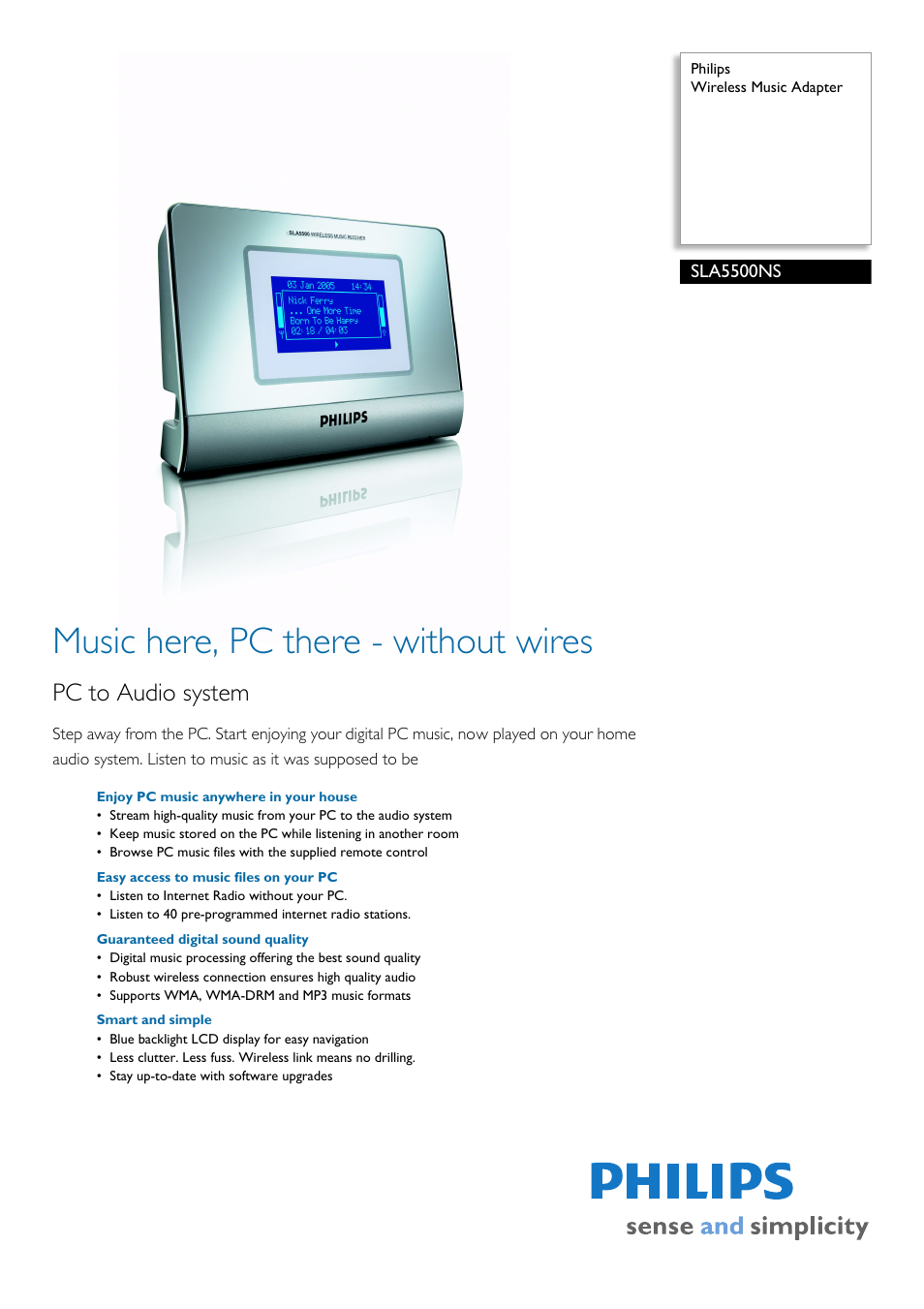 Philips Wireless Music Adapter User Manual | 2 pages