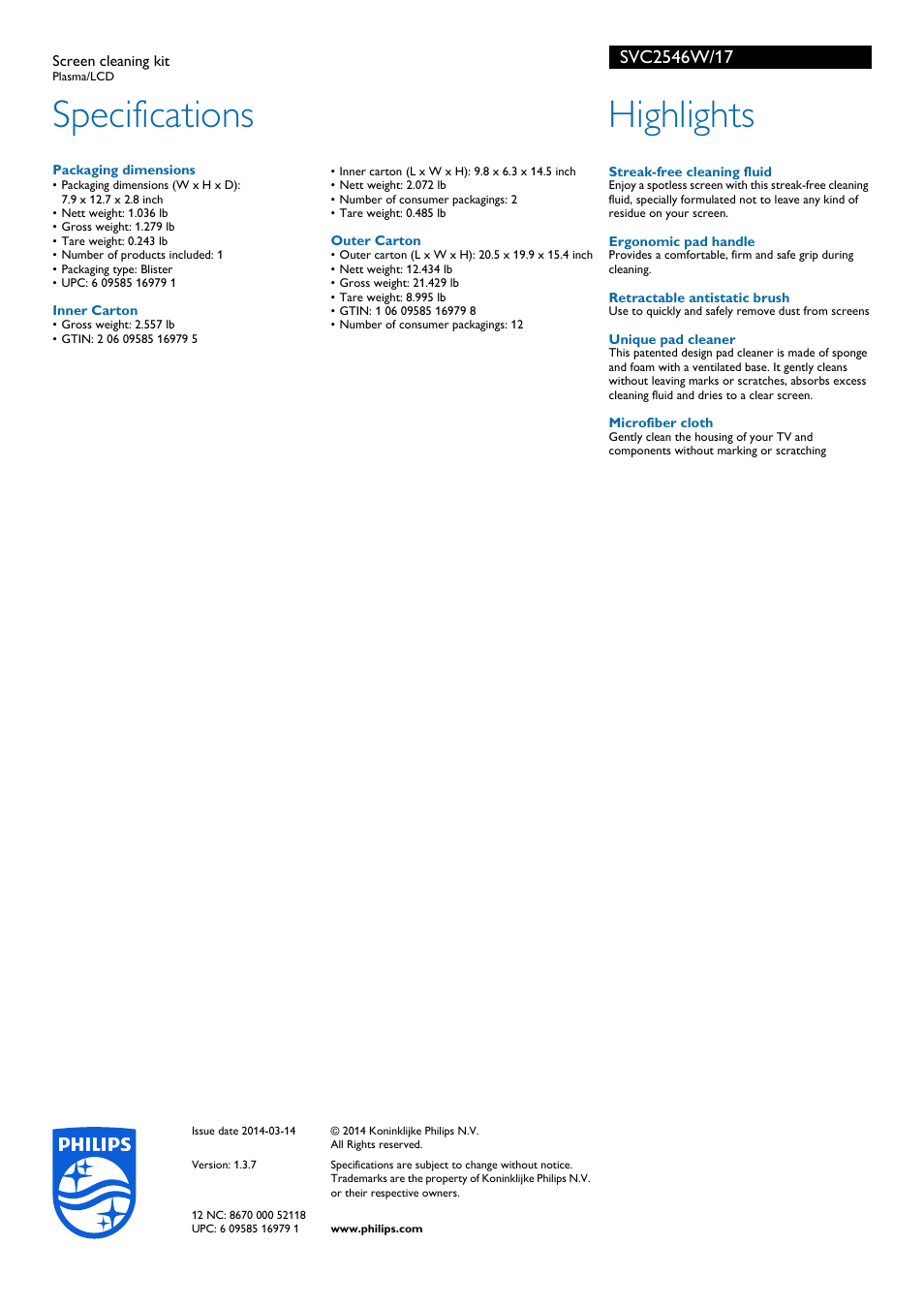 Specifications, Highlights | Philips SVC2546W-17 User Manual | Page 2 / 2