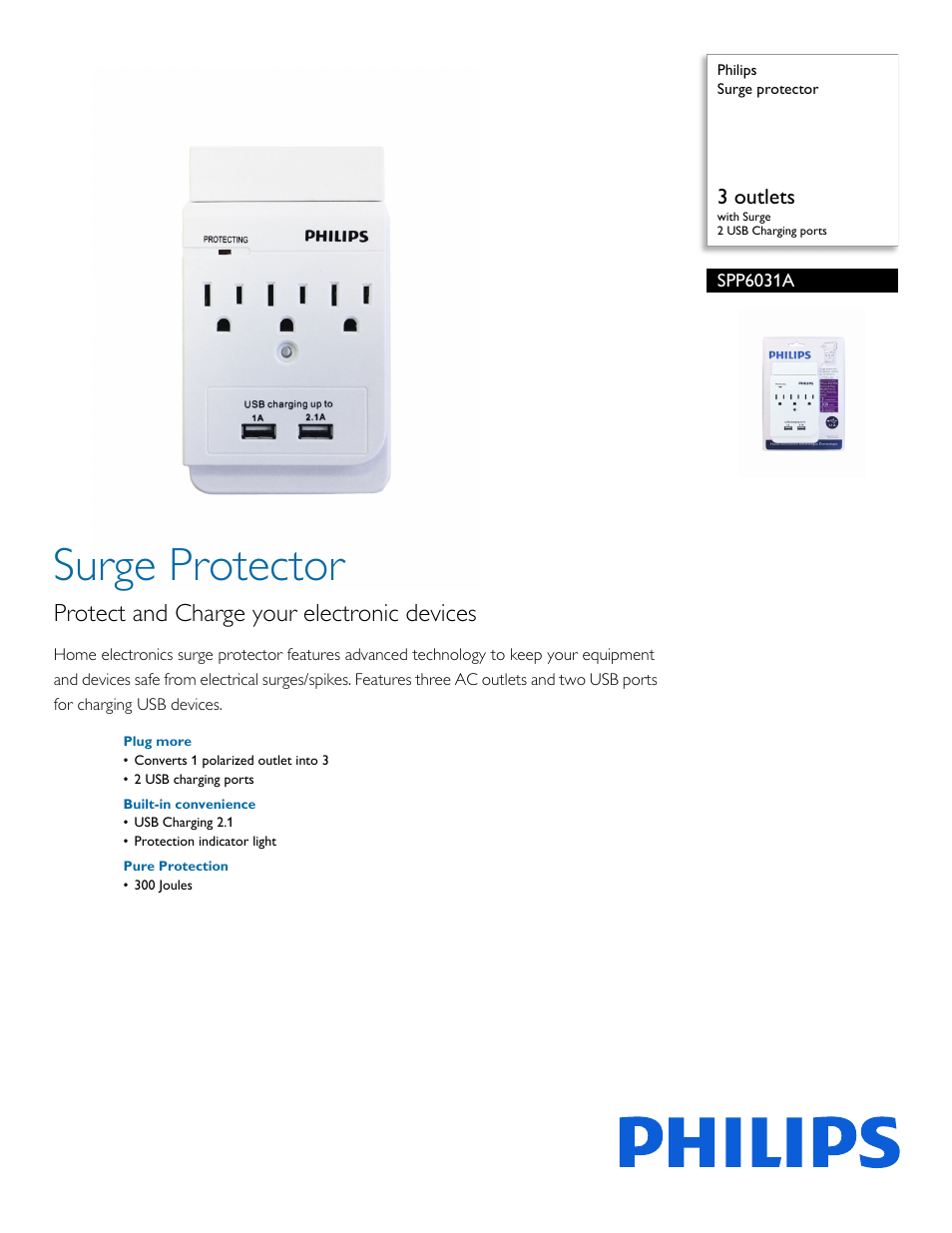 Philips Surge protector SPP6031A 3 outlets with Surge 2 USB Charging ports User Manual | 2 pages