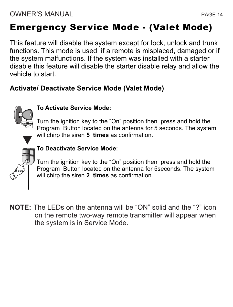 Emergency ser vice mode - (valet mode), Owner’s manual | Ultra Start 670 Series User Manual | Page 14 / 16