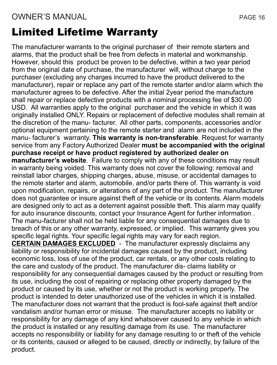 Limited lifetime warranty, Owner’s manual | Ultra Start 670 Series User Manual | Page 16 / 16