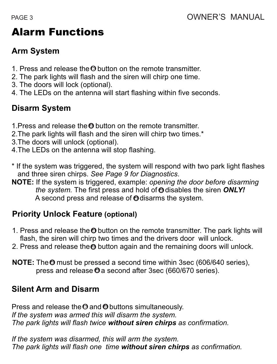 Alarm functions, Owner’s manual, Disarm system | Priority unlock feature, Arm system, Silent arm and disarm | Ultra Start 670 Series User Manual | Page 3 / 16