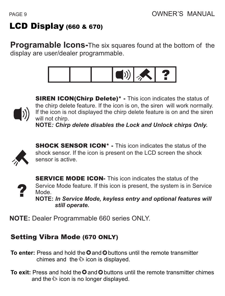 Programable icons, Lcd display | Ultra Start 670 Series User Manual | Page 9 / 16