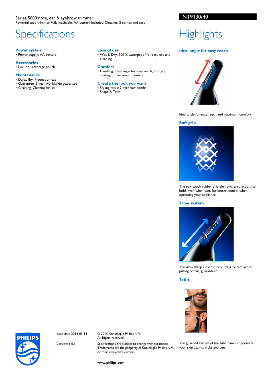 Specifications, Highlights | Philips NT9130-40 User Manual | Page 2 / 2