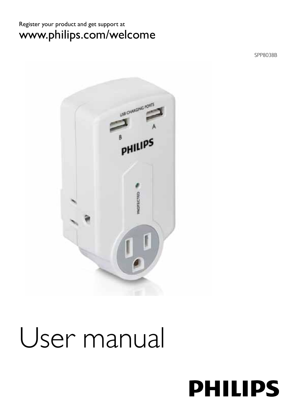 Philips Surge protector SPP8038B 3 outlets with Surge 2 USB User Manual | 10 pages