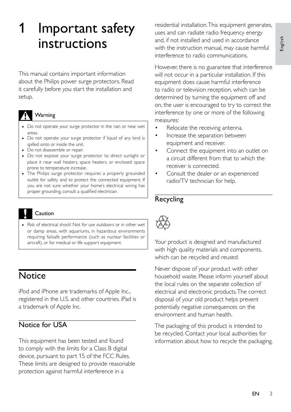 Philips Surge protector SPP8038B 3 outlets with Surge 2 USB User Manual | Page 3 / 10