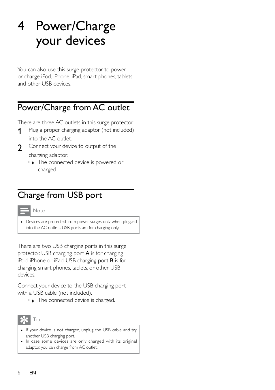 4 power/charge your devices, Power/charge from ac outlet, Charge from usb port | Philips Surge protector SPP8038B 3 outlets with Surge 2 USB User Manual | Page 6 / 10