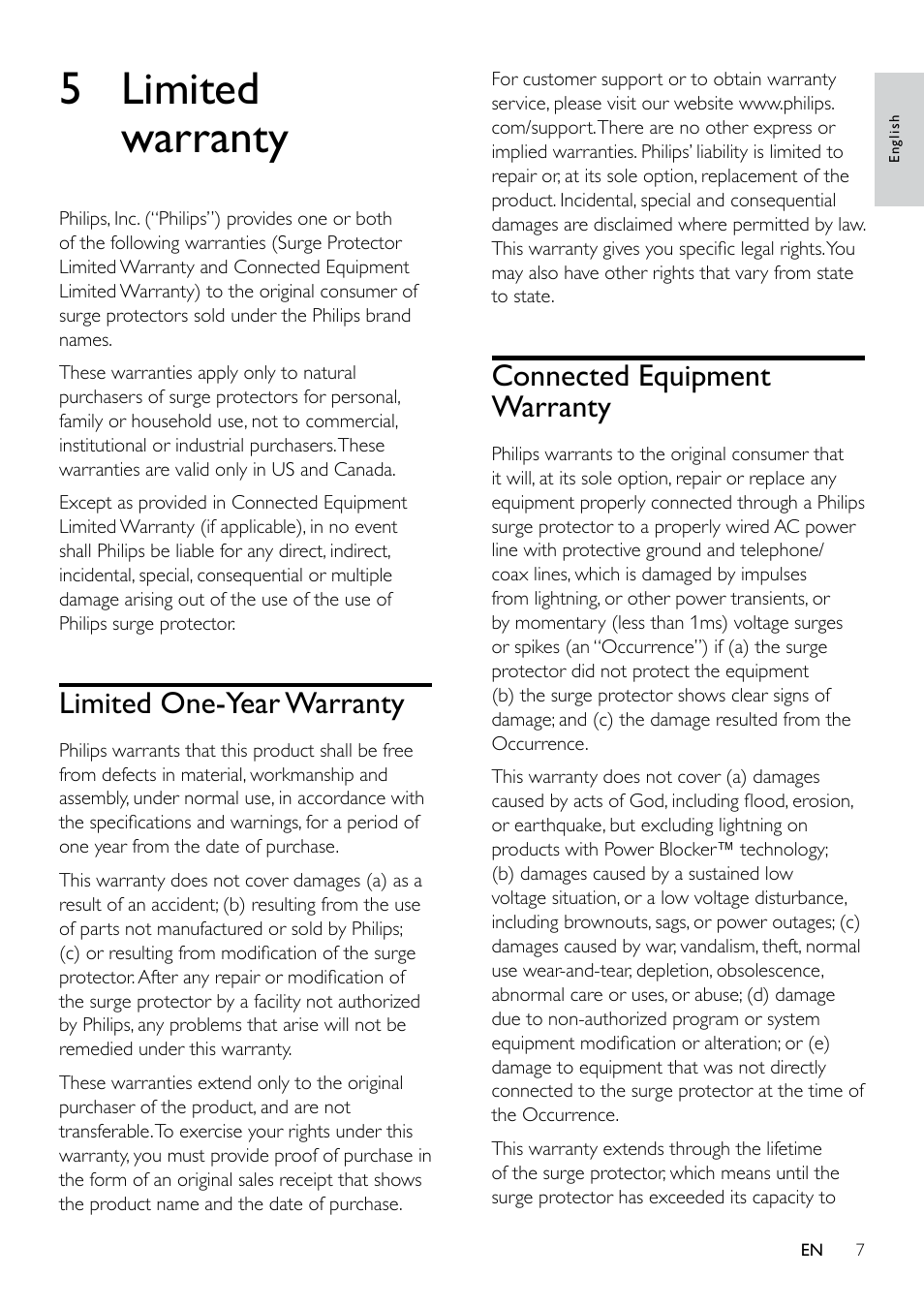 5 limited warranty, Connected equipment warranty, Limited one-year warranty | Philips Surge protector SPP8038B 3 outlets with Surge 2 USB User Manual | Page 7 / 10