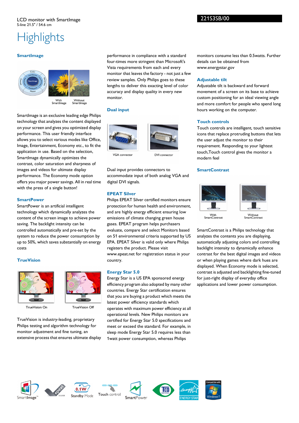 Highlights | Philips Brilliance LCD monitor 221S3SB S-line 21.5" - 54.6 cm with SmartImage User Manual | Page 2 / 3