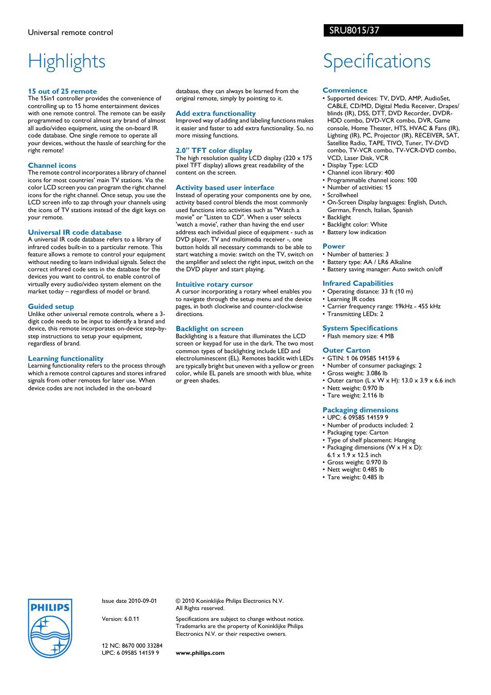 Highlights, Specifications | Philips SRU8015-37 User Manual | Page 2 / 2