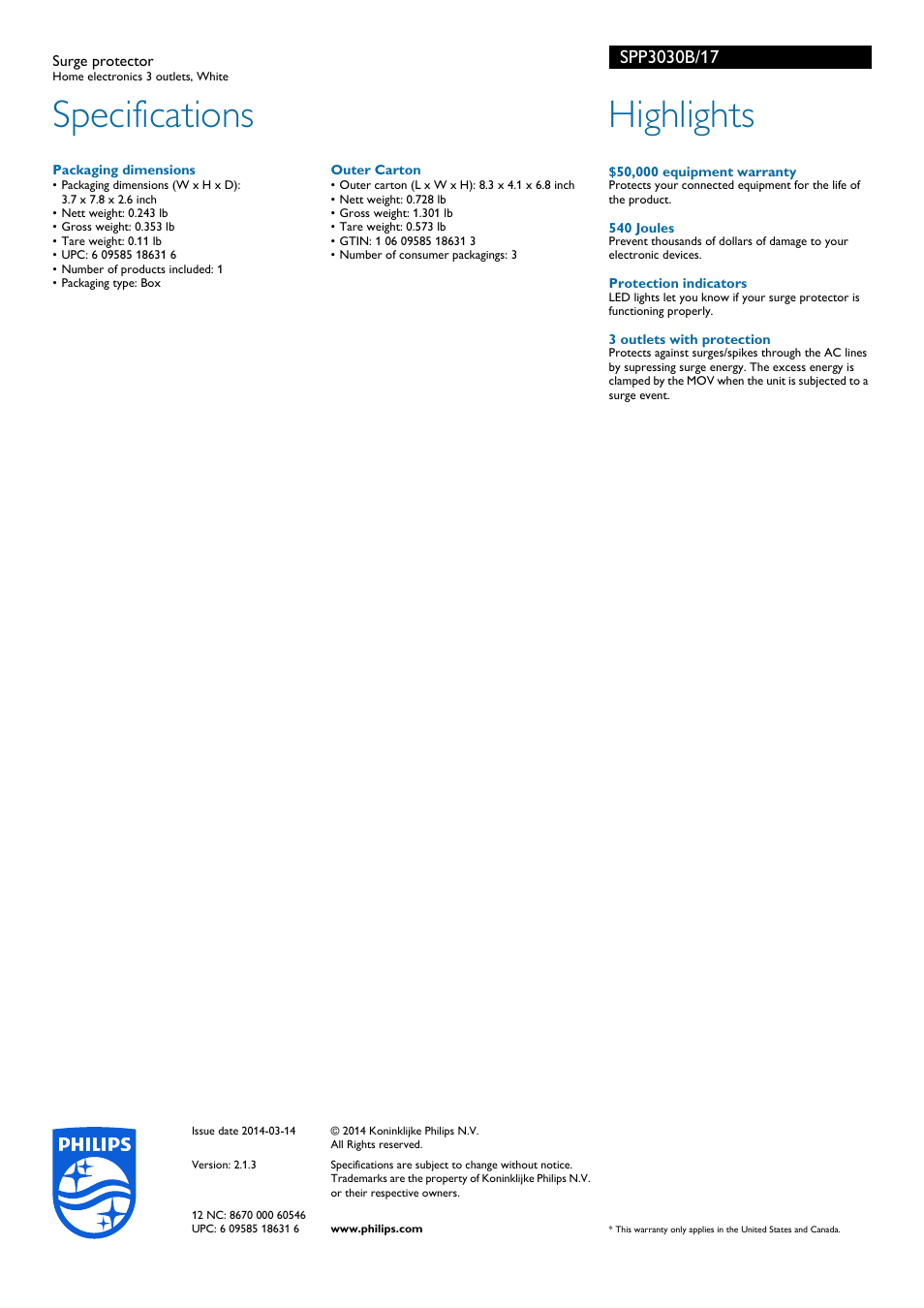 Specifications, Highlights | Philips SPP3030B-17 User Manual | Page 2 / 2