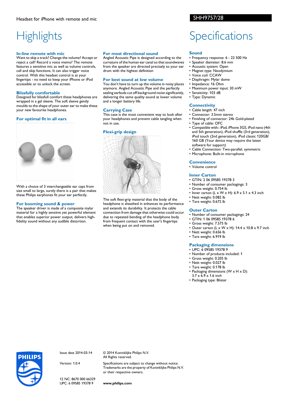 Highlights, Specifications | Philips SHH9757-28 User Manual | Page 2 / 2