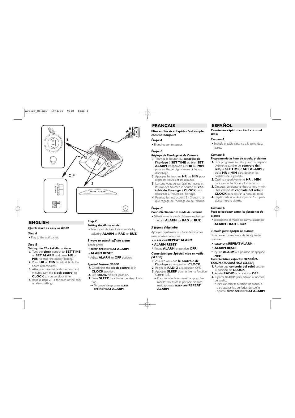 English, Ab 3 c, Français | Sommeil, Español | Philips AJ3125-37 User Manual | Page 2 / 2