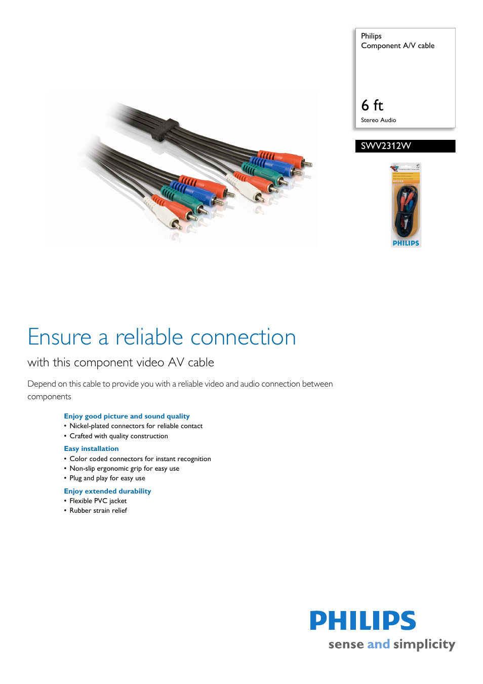 Philips Component A-V cable SWV2312W 6 ft Stereo Audio User Manual | 2 pages