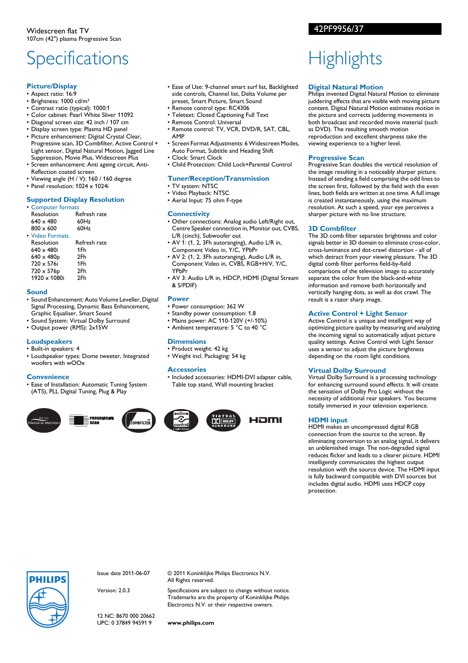 Specifications, Highlights | Philips 42PF9956-37 User Manual | Page 2 / 2