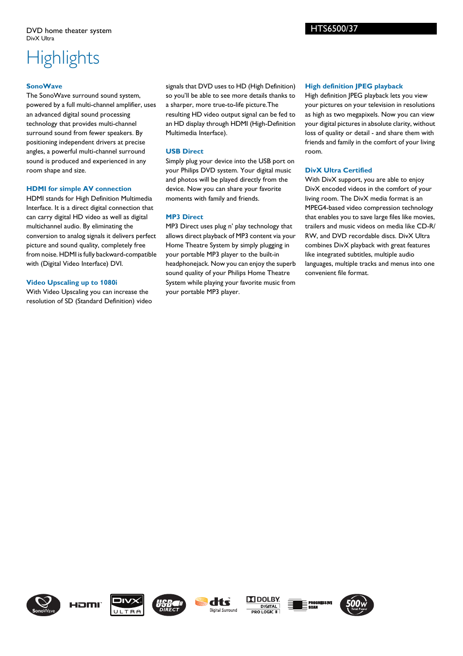 Highlights | Philips HTS6500-37 User Manual | Page 2 / 3