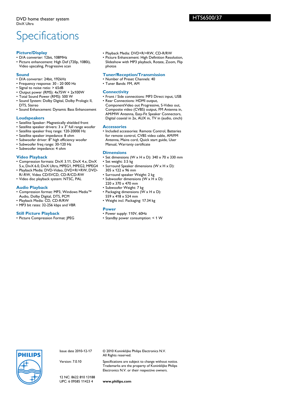 Specifications | Philips HTS6500-37 User Manual | Page 3 / 3