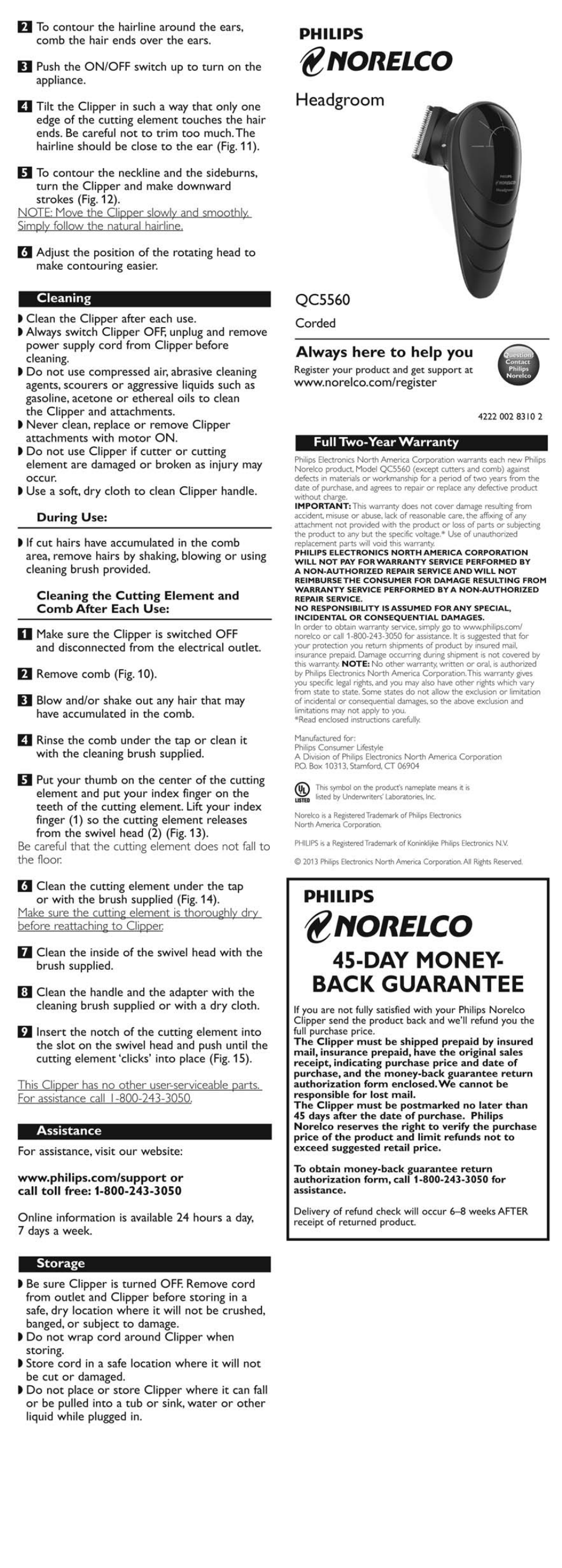 Cleaning, During use, Assistance | Full two-year warranty, Storage, Norelco, Day money- back guarantee, Philips b, Philips, Headgroom qc5560 | Philips QC5560-40 User Manual | Page 2 / 2