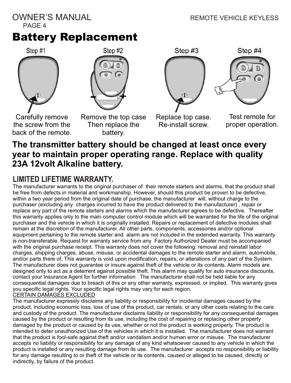 Battery replacement, Owner’s manual | Ultra Start Key-5 User Manual | Page 4 / 4