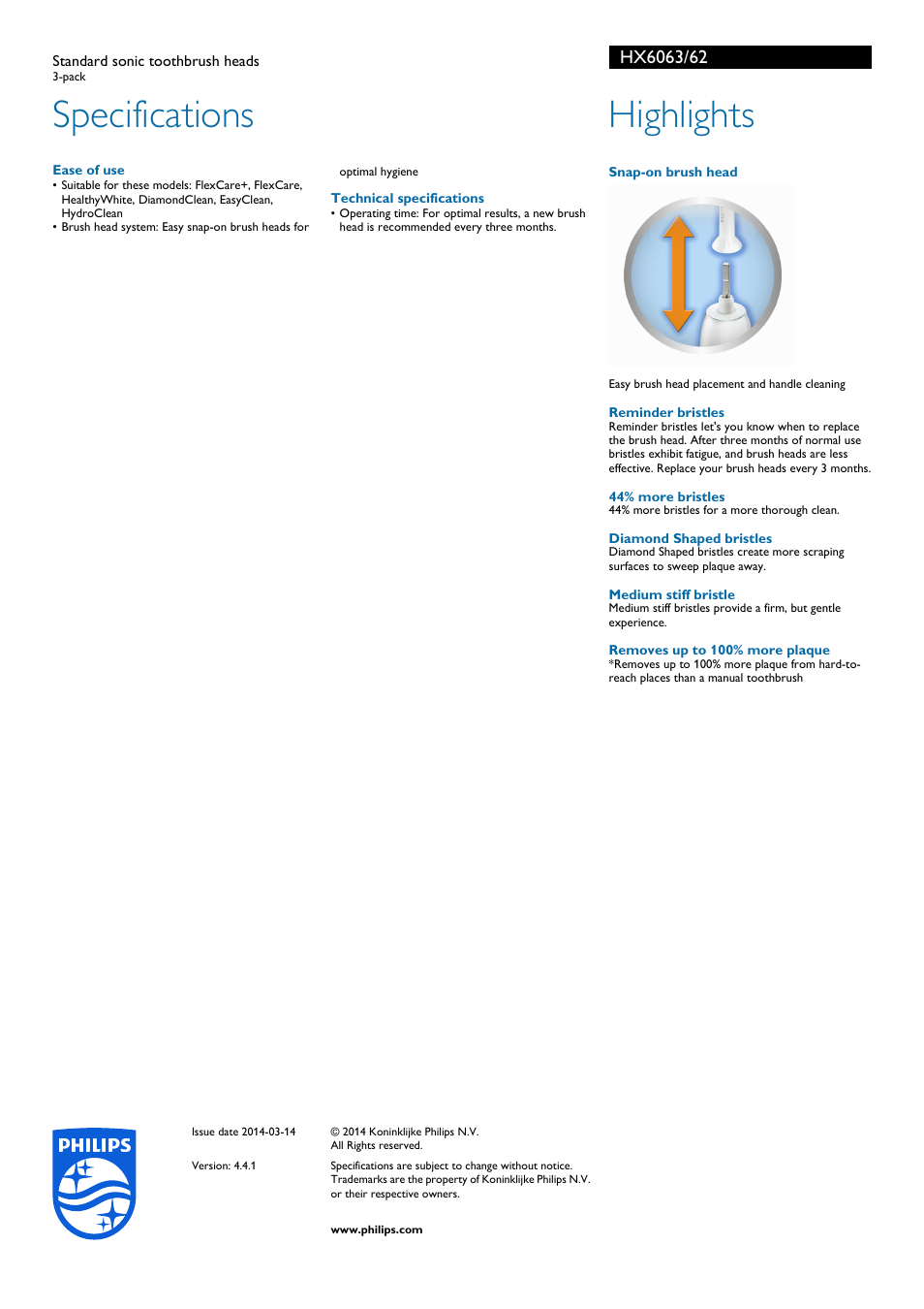 Specifications, Highlights | Philips HX6063-62 User Manual | Page 2 / 2