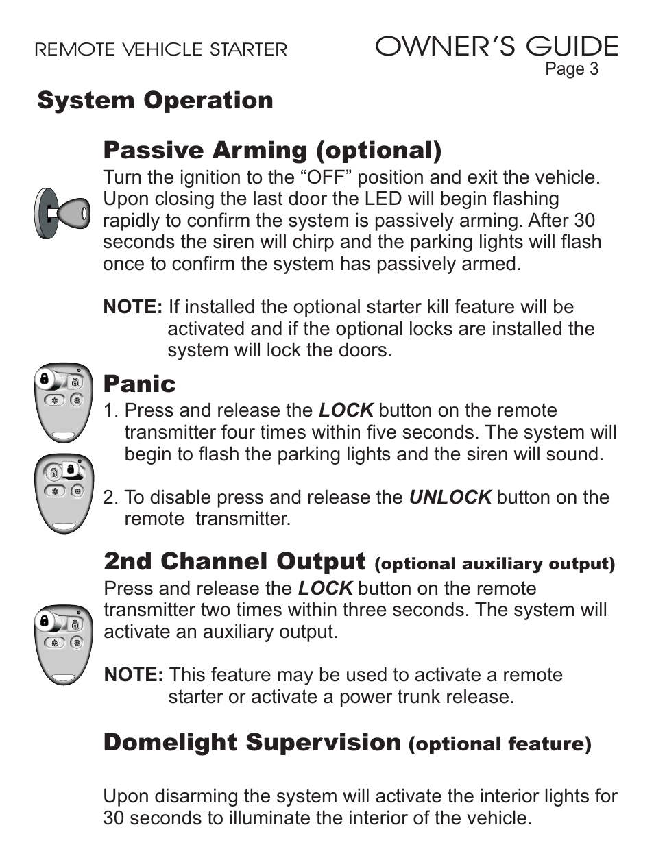 Owner’s guide, 2nd channel output, Panic | System operation passive arming (optional), Domelight supervision | Ultra Start KEU-300 User Manual | Page 3 / 4