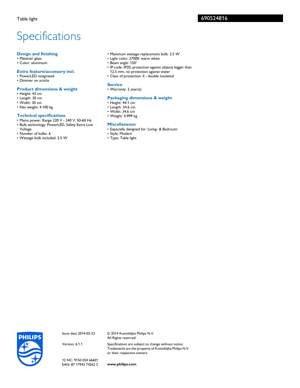 Specifications | Philips 690524816 User Manual | Page 3 / 3