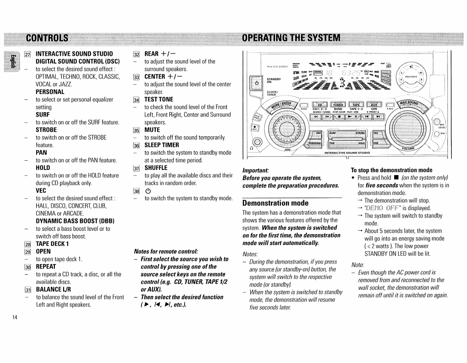 Personal, Surf, Tape deck 1 open | Repeat, Balance l/r, H center, M test tone, H mute, Di sleep timer, Demonstration mode | Philips FW890P37 User Manual | Page 14 / 88