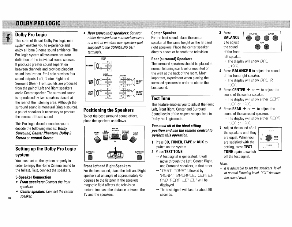 Dolby pro logic, 8*; dolby pro logic, Setting up the dolby pro logic system | Positioning the speakers, Test tone | Philips FW890P37 User Manual | Page 18 / 88