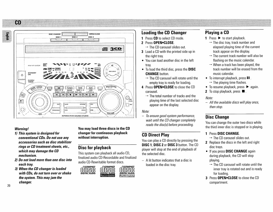 Disc for playback, Loading the cd changer, 2 press open'close | Cd direct play, Playing a cd, Disc change, 1 press disc change | Philips FW890P37 User Manual | Page 20 / 88