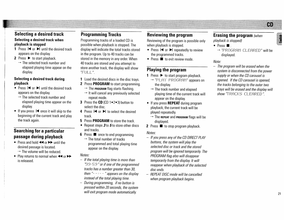 Selecting a desired track, Searching for a particular passage during playback, Programming tracks | Reviewing the program, Playing the program | Philips FW890P37 User Manual | Page 21 / 88