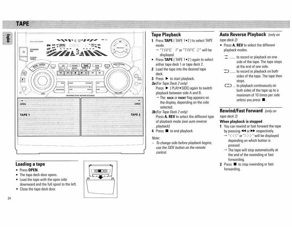 Tape, Tape playback, Auto reverse playback (only on | Rewind/fast forward (only on, Tape -25 | Philips FW890P37 User Manual | Page 24 / 88