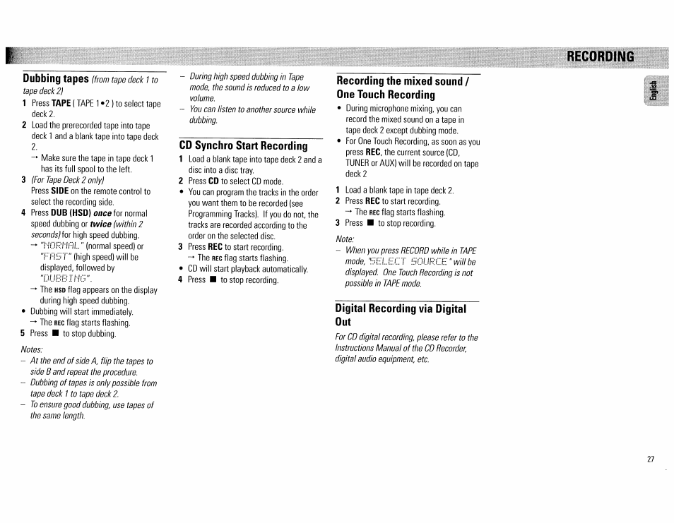 Recording, Cd synchro start recording, Recording the mixed sound / one touch recording | Digital recording via digital out | Philips FW890P37 User Manual | Page 27 / 88