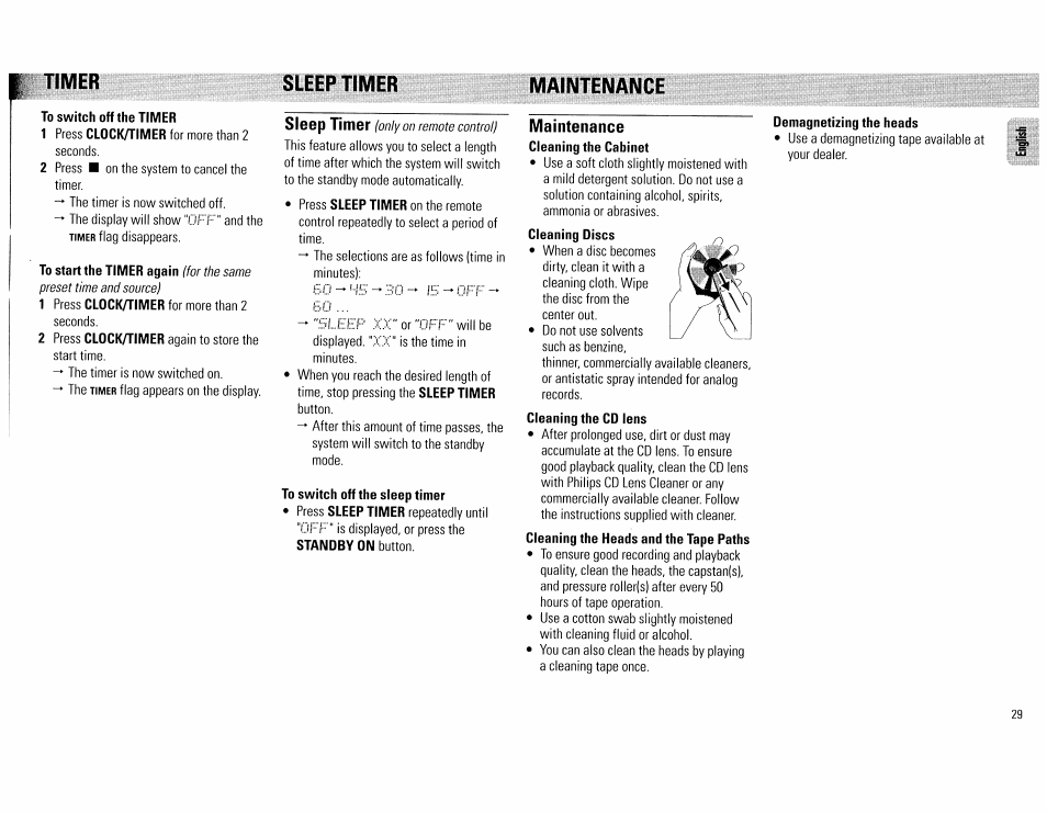 Timer, To switch off the timer, Sleep timer | Maintenance, To switch off the sleep timer, Demagnetizing the heads, Timer -29, Sleep timer maintenance | Philips FW890P37 User Manual | Page 29 / 88