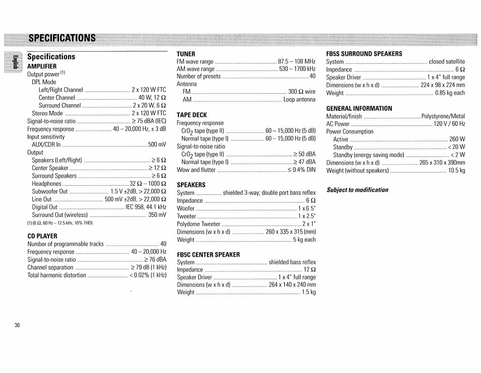 Specifications, S< specifications, Subject to modification | Philips FW890P37 User Manual | Page 30 / 88