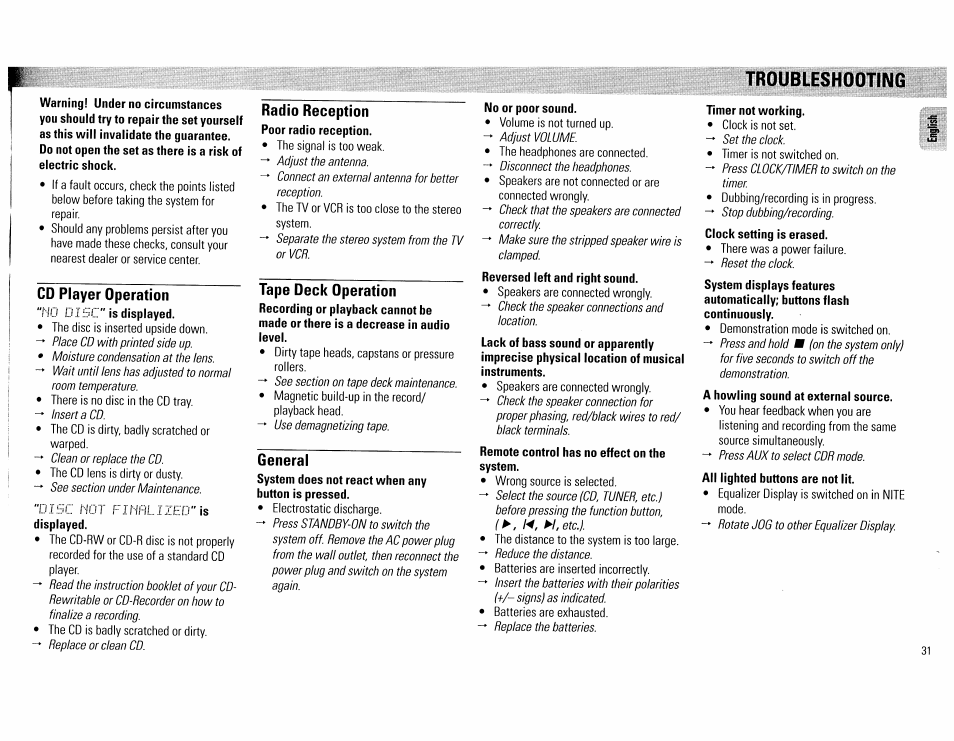Cd player operation, Radio reception, Tape deck operation | General, No or poor sound, Remote control has no effect on the system, Troubleshooting, Timer not working | Philips FW890P37 User Manual | Page 31 / 88