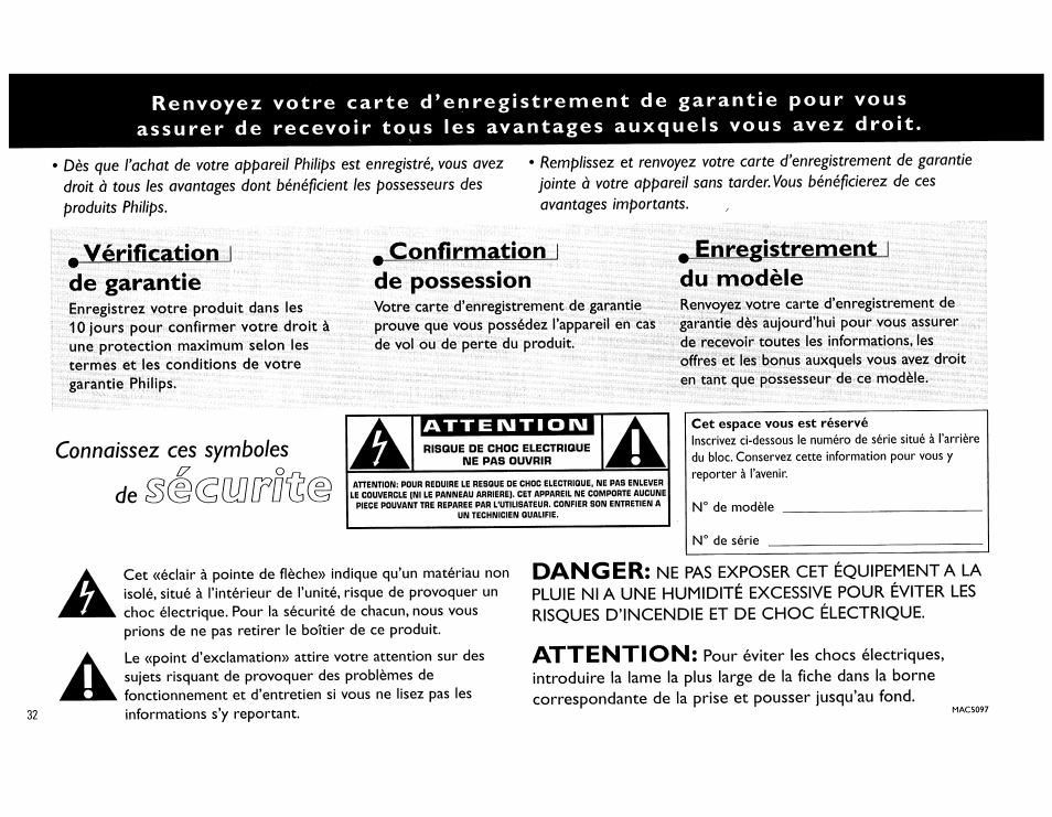 Vérification de garantie, Confirmation i de possession, Enregistrement i du modèle | Rairajj.icjrm, Confirmation, De possession, Enregistrement, Du modèle, Danger, Attention | Philips FW890P37 User Manual | Page 32 / 88