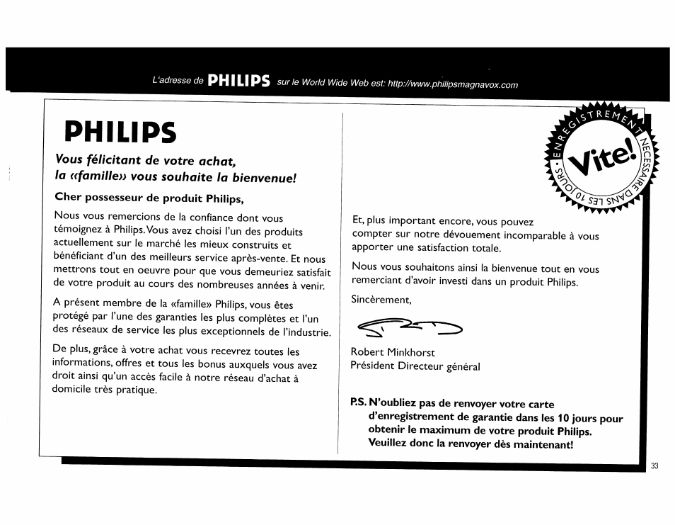 Philips, L'adresse de | Philips FW890P37 User Manual | Page 33 / 88