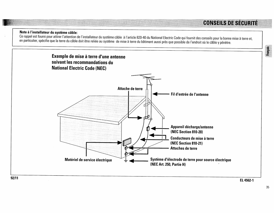 Conseils de sécurité, Note à l'instaliateur du système câble, El 4562-1 | Philips FW890P37 User Manual | Page 35 / 88