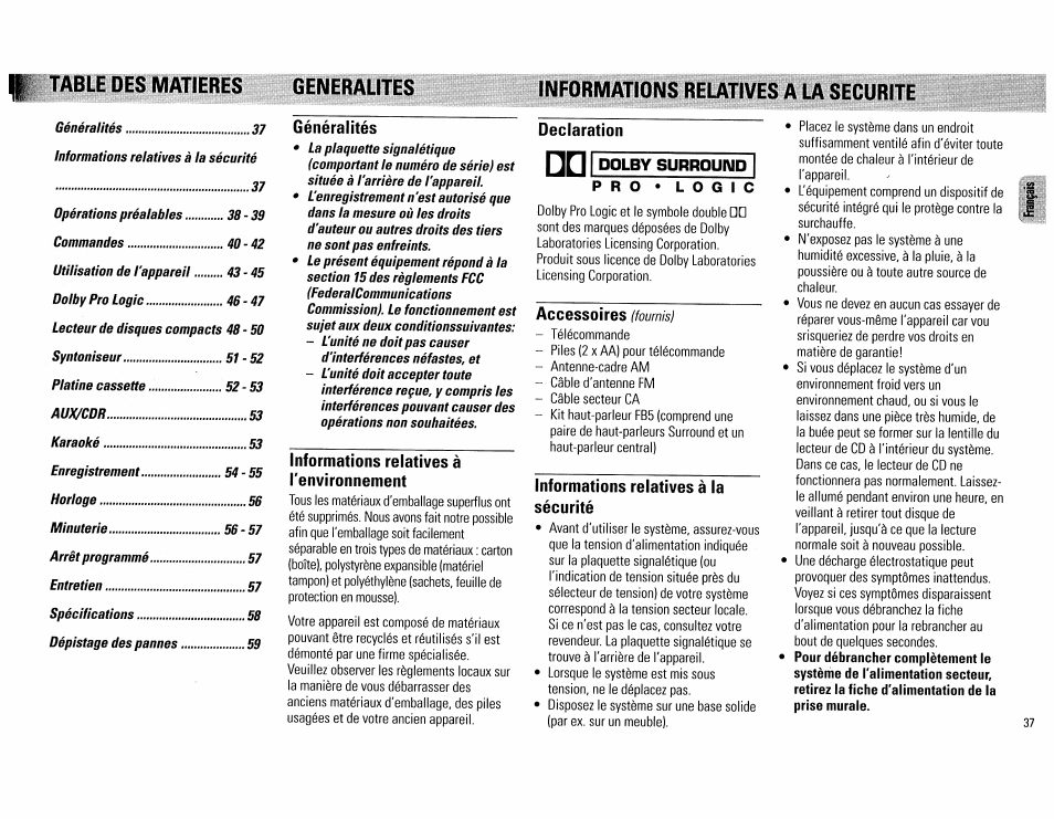 Table des matieres generalites, Informations relatives a la securite, Généralités | Informations relatives à l'environnement, Declaration, Accessoires (fournis), Informations relatives à la sécurité, 37 informations relatives à la sécurité, 37 opérations préalables, 39 commandes | Philips FW890P37 User Manual | Page 37 / 88
