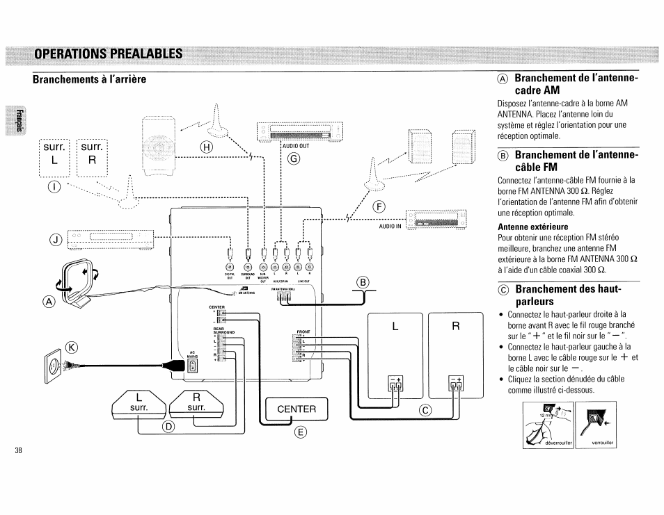Operations prealables, A) branchement de l'antenne- cadre am, B) branchement de l'antenne- câble fm | Branchement des haut- parleurs, Opérations préalables | Philips FW890P37 User Manual | Page 38 / 88