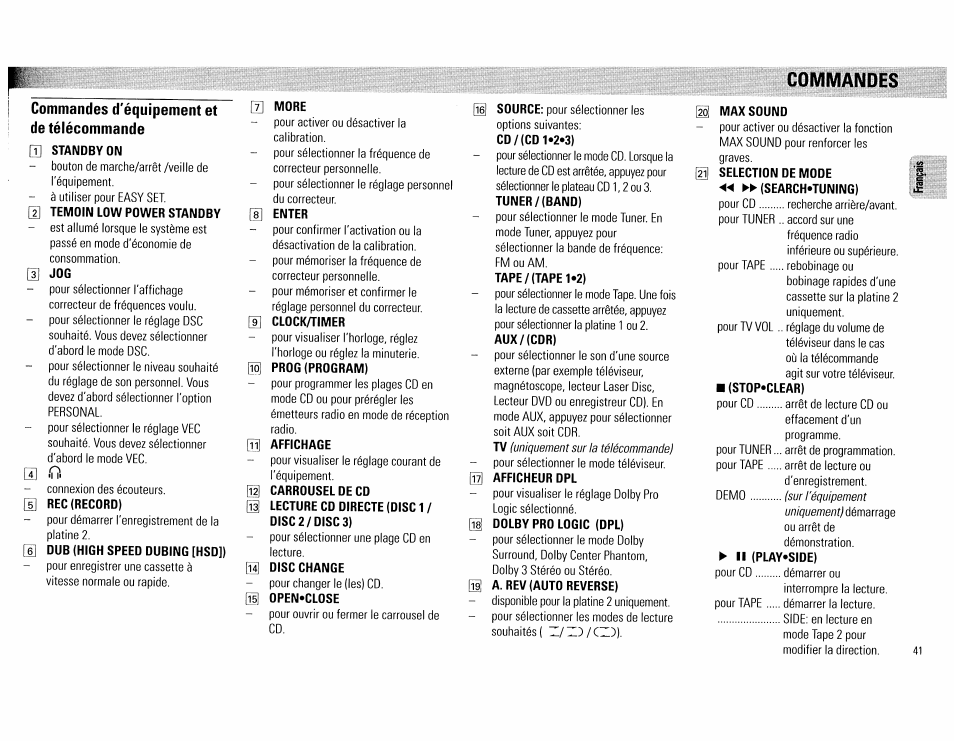 Commandes d'équipement et de télécommande, Standby on, Temoin low power standby | Rec(record), Dub (high speed dubing [hsd]), 0 more, 9] clock/timer, H prog (program), 0 affichage, Hd carrousel de cd | Philips FW890P37 User Manual | Page 41 / 88
