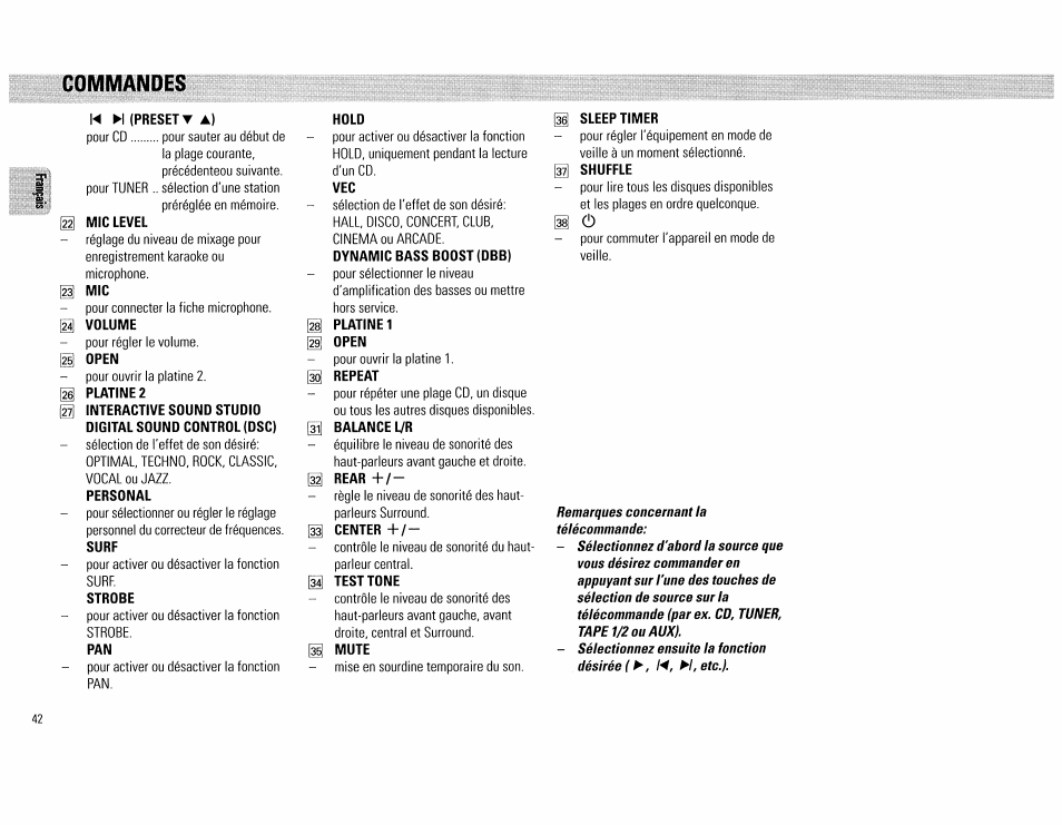 H (preset ▼ a), Mic level, Open | Platine 2, Personal, Strobe, Hold, Platine 1 open, Repeat, Center | Philips FW890P37 User Manual | Page 42 / 88