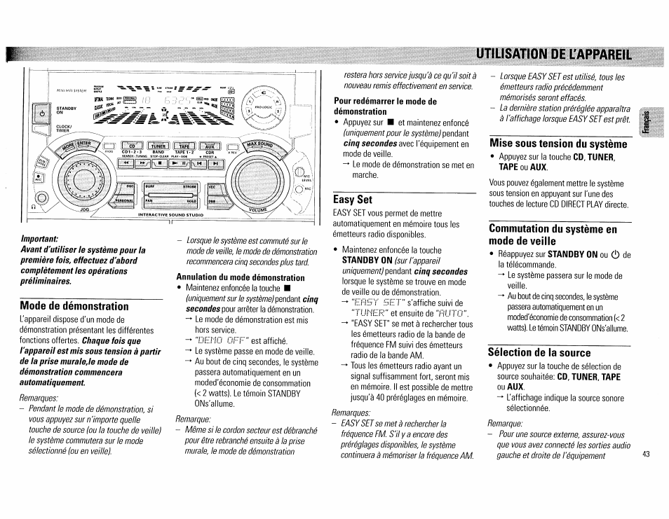 Utilisation de l'appareil, Mode de démonstration, Annulation du mode démonstration | Pour redémarrer le mode de, Easy set, Mise sous tension du système, Commutation du système en mode de veille, Sélection de la source | Philips FW890P37 User Manual | Page 43 / 88