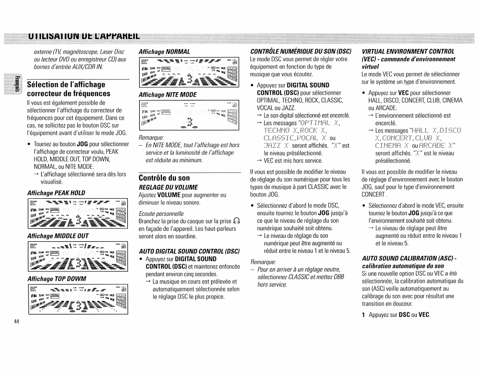 Sélection de l'affichage, Correcteur de fréquences, Contrôle du son | Citerifi, Uiilisaiiun ut: lakraktll | Philips FW890P37 User Manual | Page 44 / 88