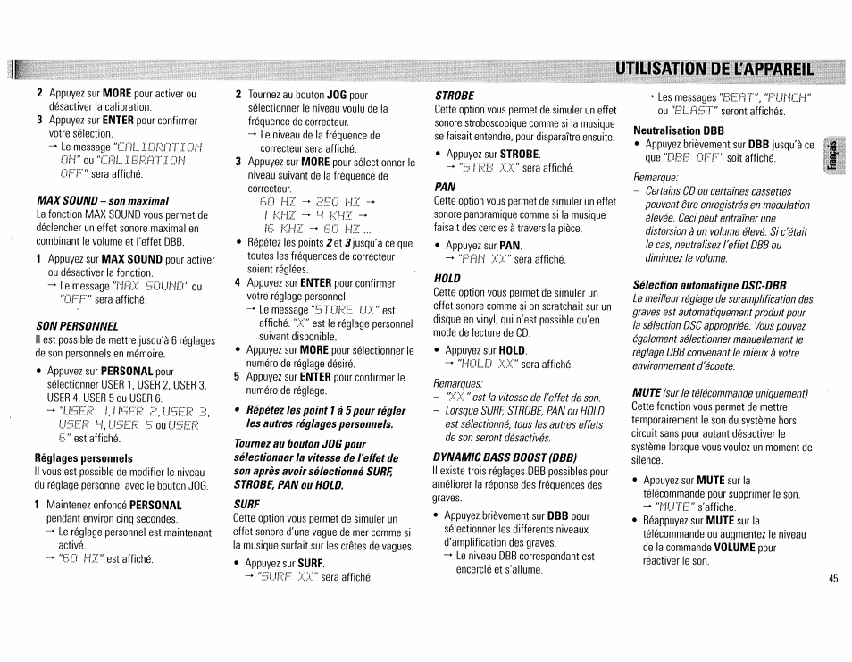 Utilisation de l'appareil, Neutralisation dbb, J. u ri | Ilhx | Philips FW890P37 User Manual | Page 45 / 88