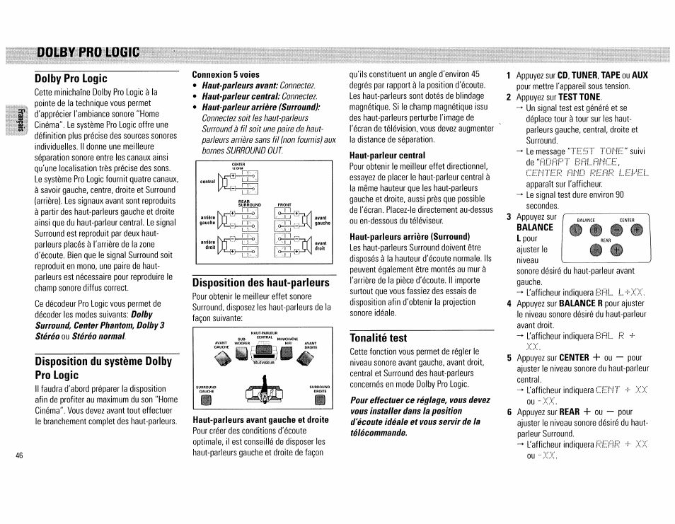 Dolby pro logic, Disposition du système dolby pro logic, Connexion 5 voies | Disposition des haut-parleurs, Haut-parleurs avant gauche et droite, Tonalité test, L.mi | Philips FW890P37 User Manual | Page 46 / 88