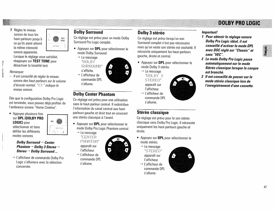 Dolby pro logic, Dolby surround, Dolby center phantom | Dolby 3 stéréo, Stéréo classique, Phitmotr | Philips FW890P37 User Manual | Page 47 / 88