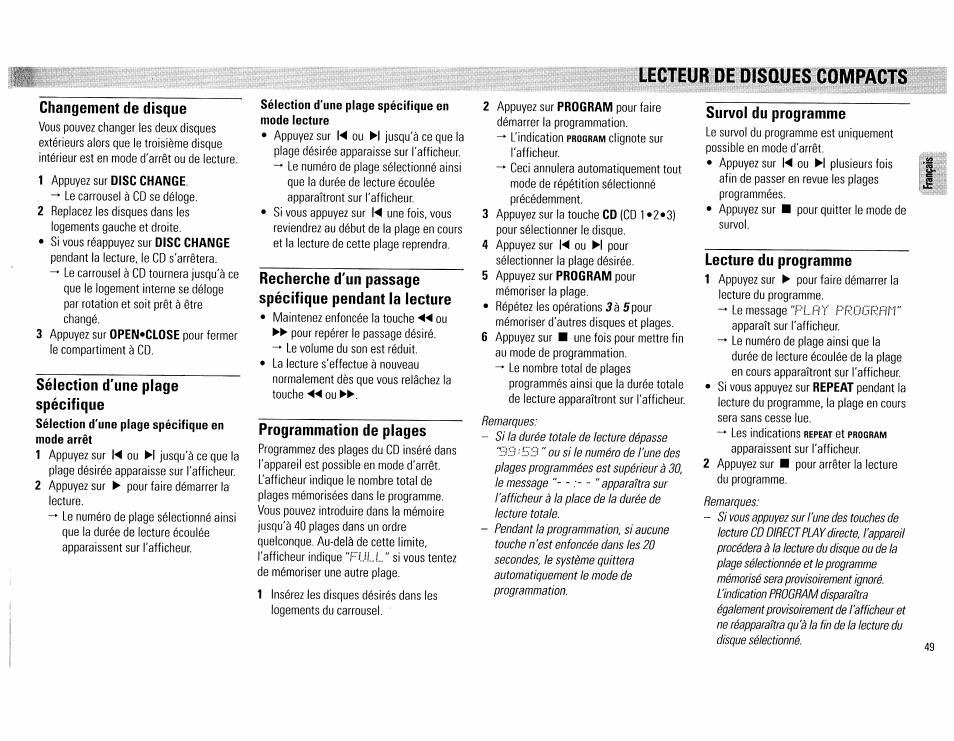 Changement de disque, Sélection d'une plage spécifique, Sélection d'une plage spécifique en mode lecture | Programmation de plages, Survol du programme, Lecture du programme, Lecteur de disoues compacts | Philips FW890P37 User Manual | Page 49 / 88