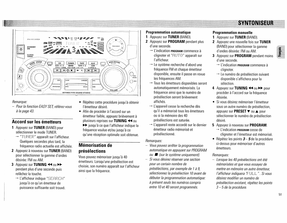 Accord sur les émetteurs, Mémorisation de présélections, Programmation automatique | Syntoniseur, Programmation manuelle | Philips FW890P37 User Manual | Page 51 / 88