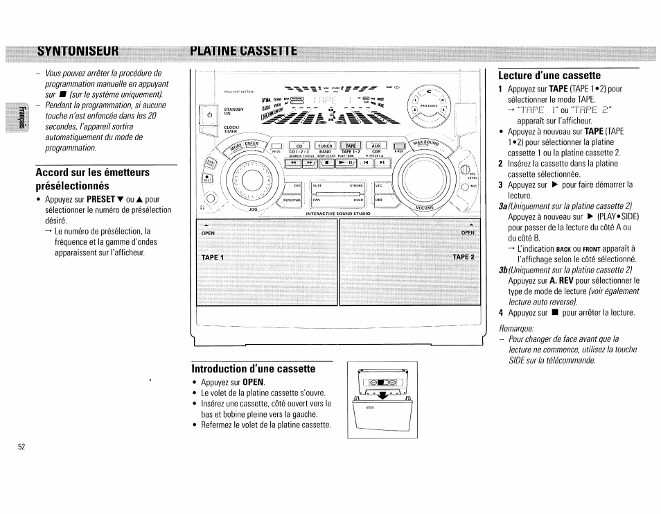 Lecture d'une cassette, Syntoniseur platine cassette | Philips FW890P37 User Manual | Page 52 / 88